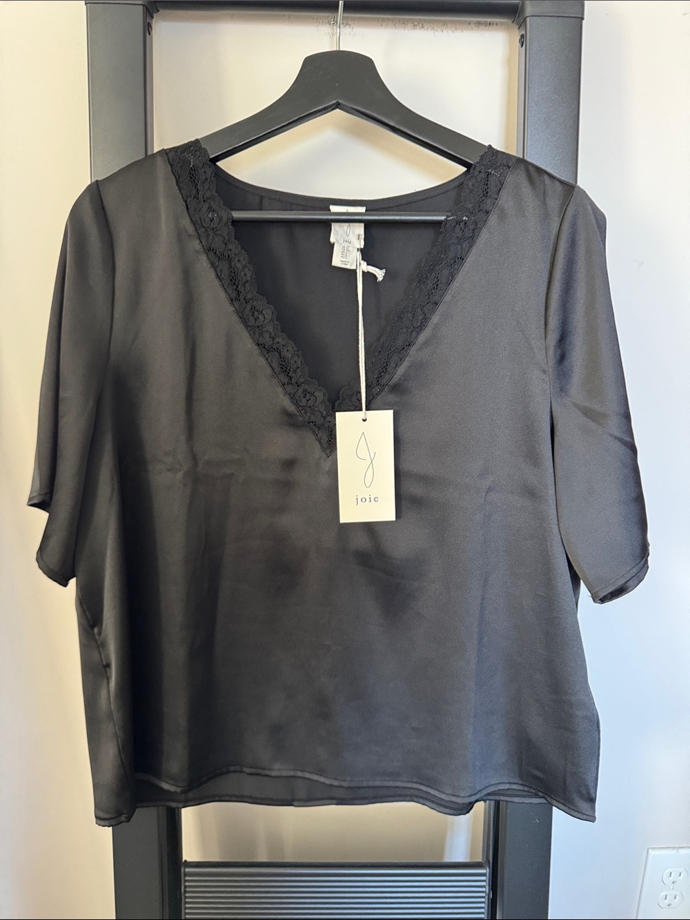 Joie Black Satin V-Neck Lace-Trim Top